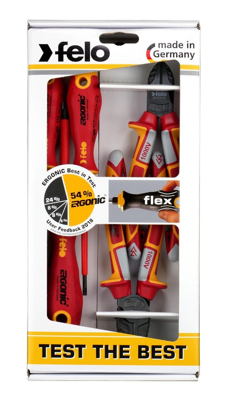 Zestaw 3 wkrętaków FELO - ERGONIC VDE  4,0/PH1/PH2 + obcinaczki boczne VDE 160 / kombinerki VDE 180 + magnetyzer