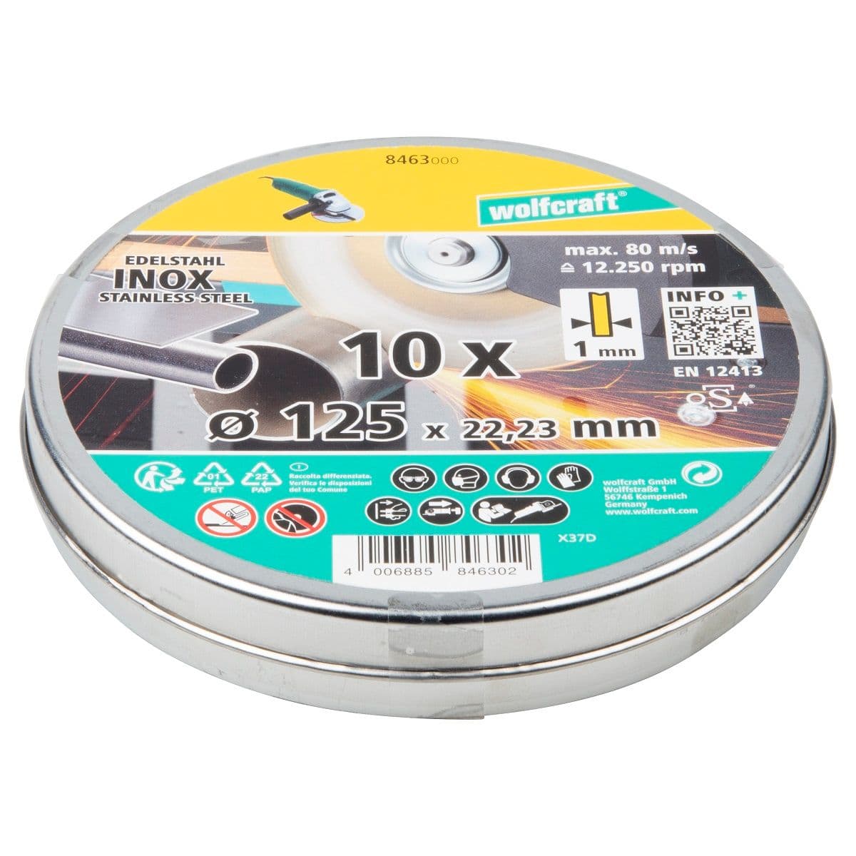 Tarcza korundowa 125X1 do cięcia stali nierdzewnej 10 sztuk. WOLFCRAFT
