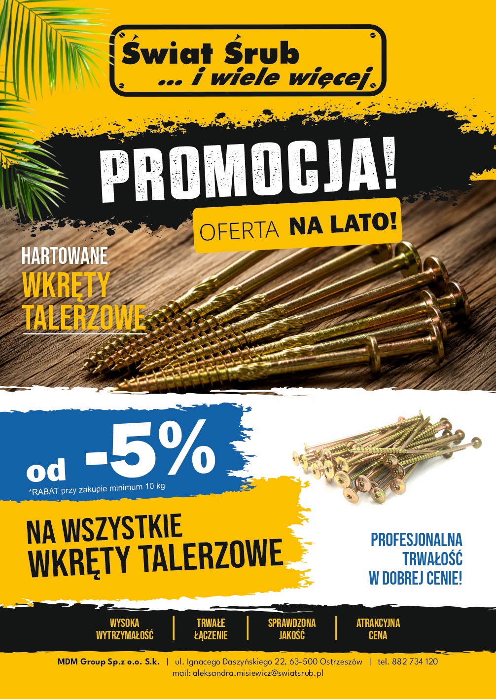 Świat Śrub — oferta na lato: rabat od -5% na wszystkie hartowane wkręty talerzowe przy zakupie minimum 10 kg